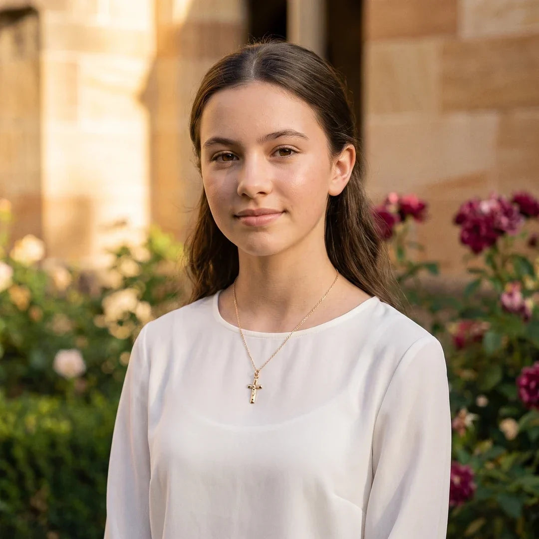 A teen wearing The Vow crucifix for her Confirmation