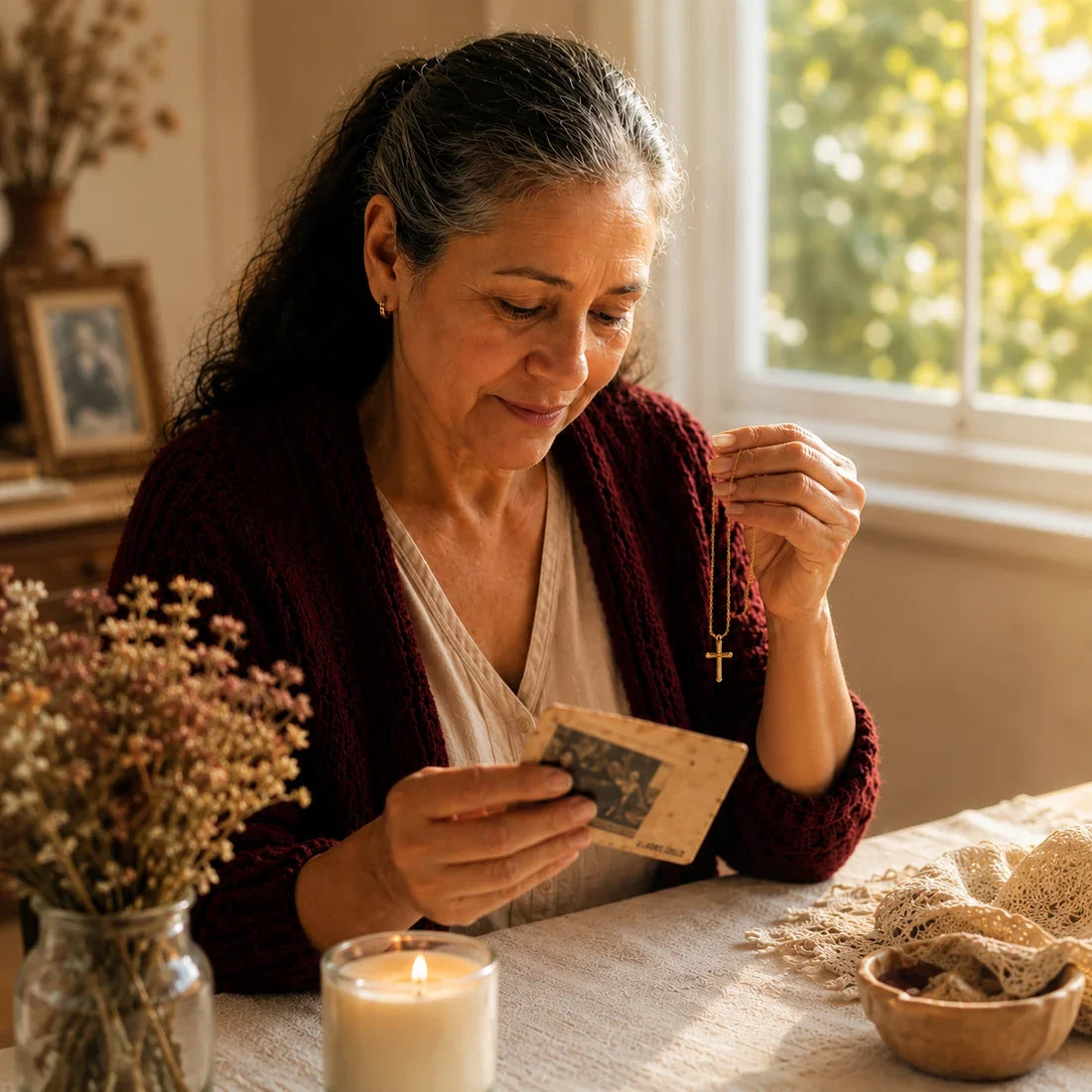 Marta, holding an old photograph and a gold cross